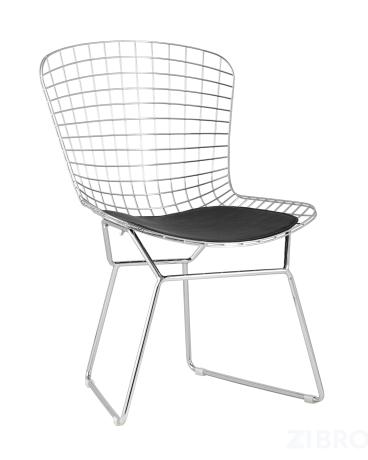 Стул обеденный Bertoia хромированный металл с черной подушкой из экокожи