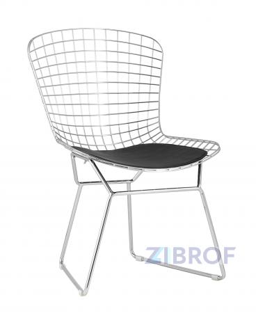 Стул обеденный Bertoia хромированный металл с черной подушкой из экокожи