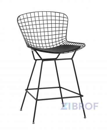 Стул полубарный с низкой спинкой Bertoia черный металл с черной подушкой из экокожи