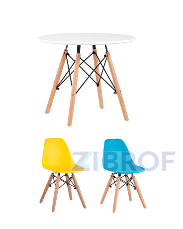 Комплект мебели детский стол Eames белый, диаметр 60 см, 2 стульчика голубой и желтый